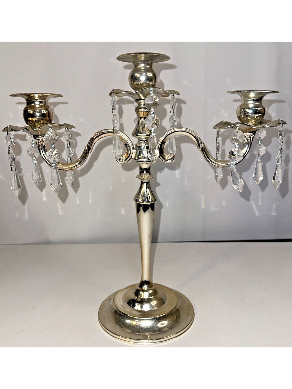 Wilson Co. Silver Tone 3 Arm Candelabra crystal adorned for added sparkle 13" T